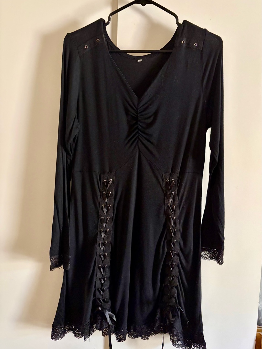 Black Goth Long-Sleeve Lace-Trim V-Neck Dress #0079